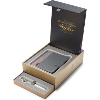 Подарочный набор PARKER: Перьевая ручка PARKER SONNET METAL & PEARL CT с блокнотом и органайзером